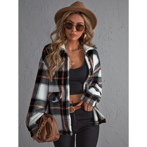XS 🔅 Plaid Print Drop Shoulder boyfriend Jacket shacket tan white black. - Picture 1 of 7